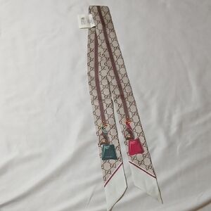 Gucci Beige GG Monogram Silk Twilly with Red and Green Charm Prints